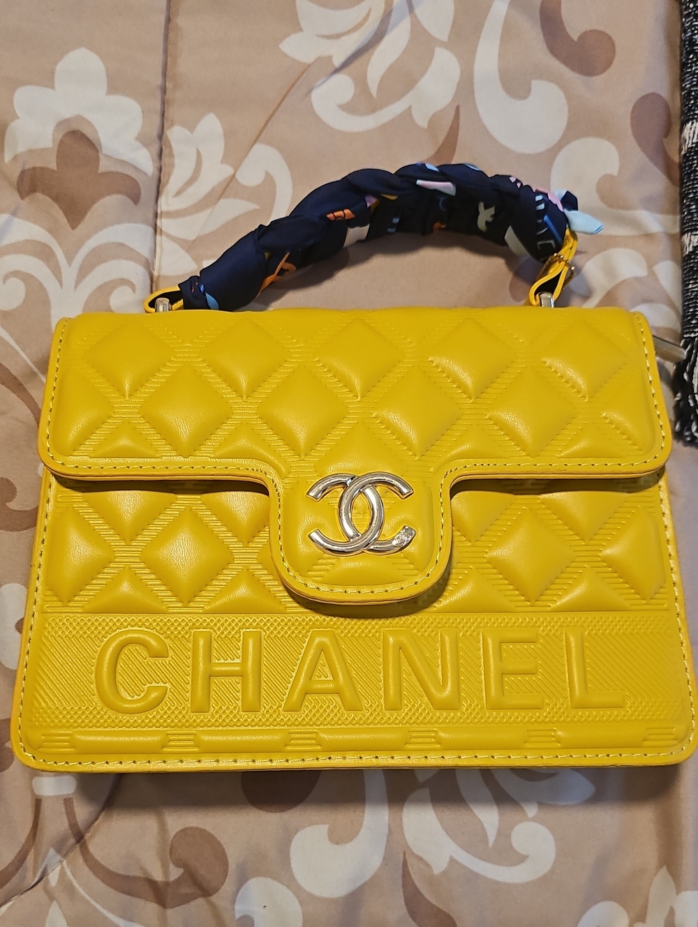 Inspired Yellow Quilted Mini Top-Handle Bag with Scarf-Wrapped Handle